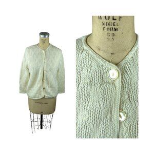 1960s white mohair cardigan sweater pointelle knit Size M/L